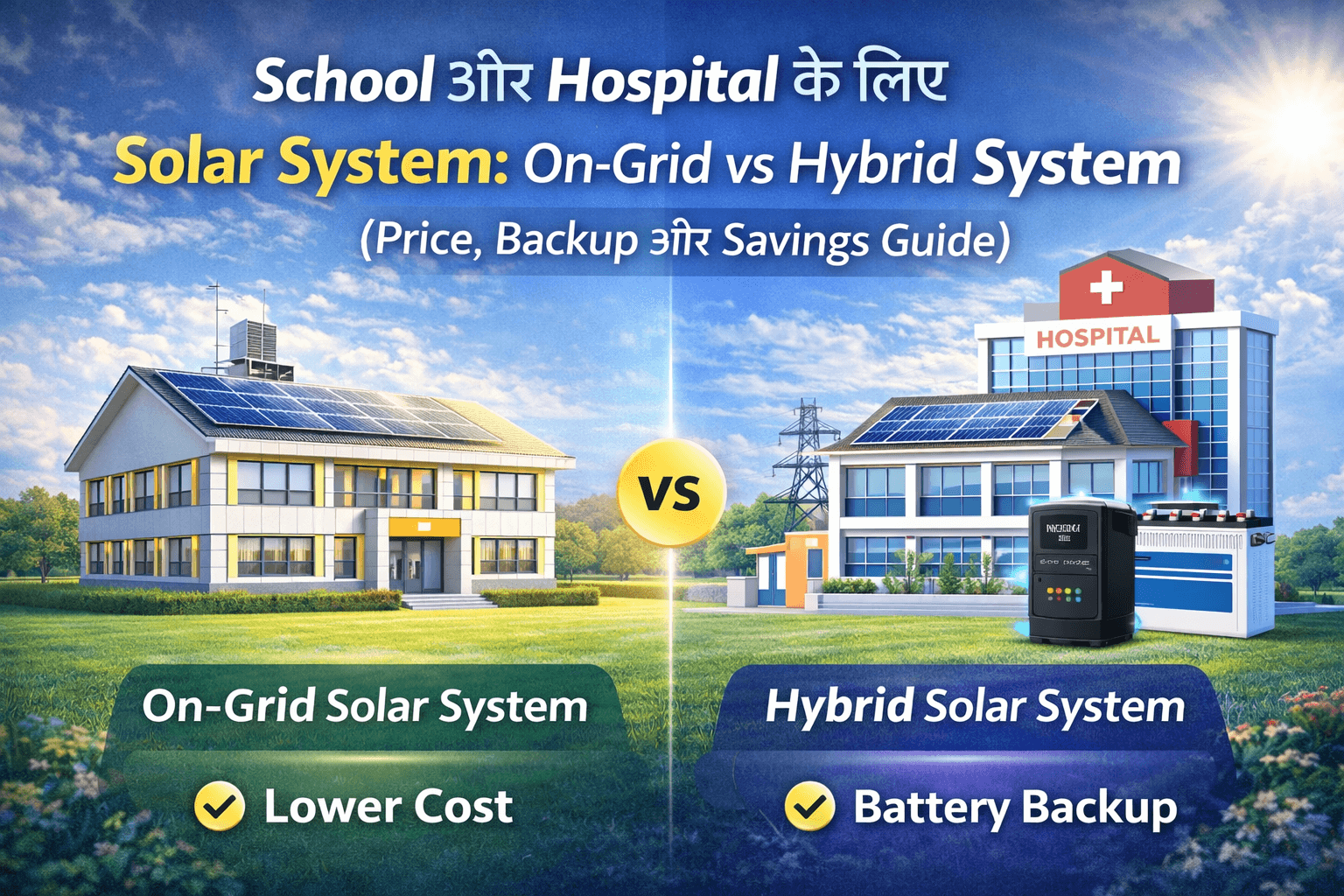 School और Hospital के लिए Solar System: On-Grid vs Hybrid System (Price, Backup और Savings Guide)